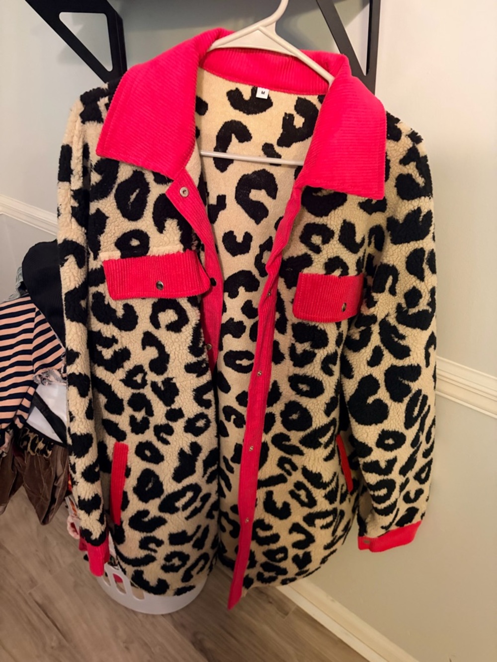 Leopard Print Teddy Jacket with Hot Pink Trim